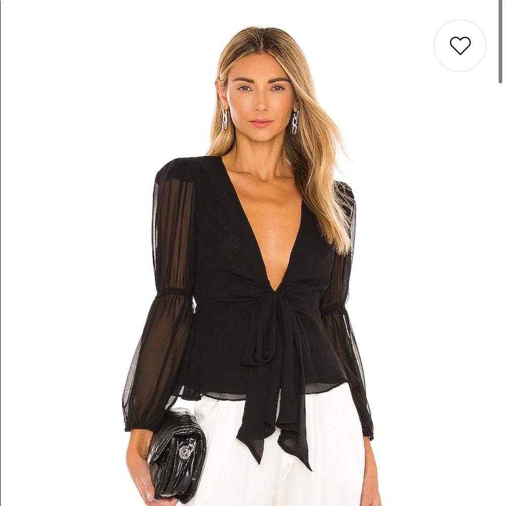 Lovers + Friends Black Sheer-Sleeve Tie-Front Blouse